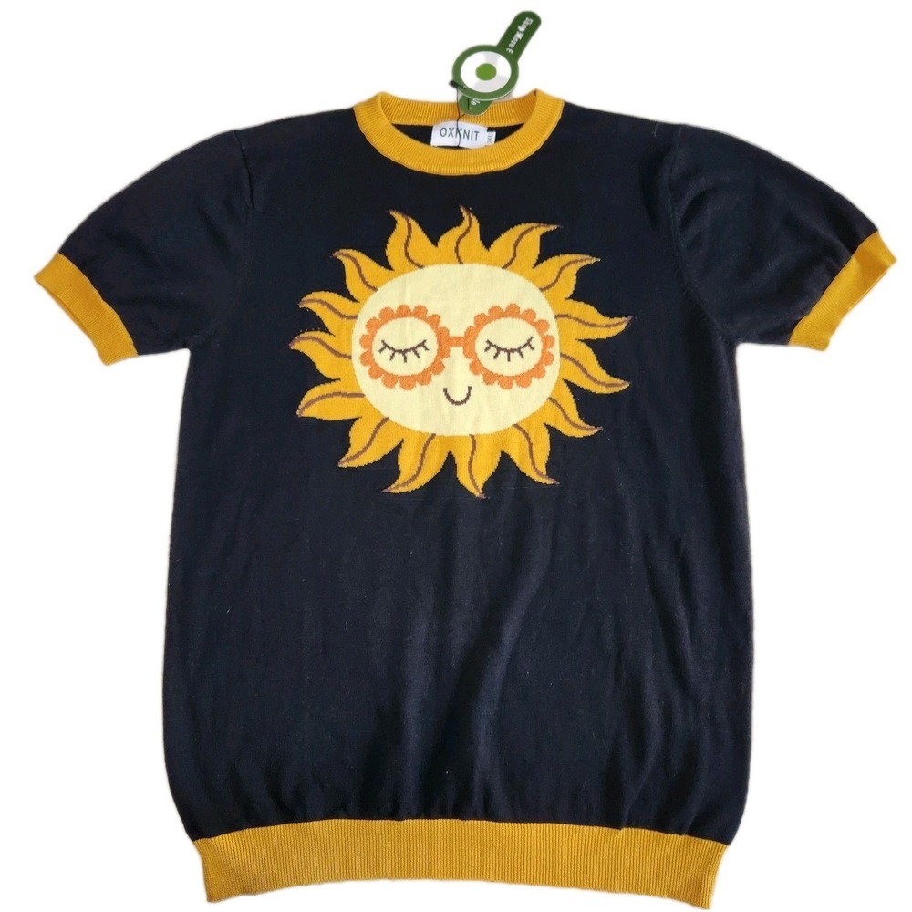 OXKNIT Sun Knit Sweater Womens 2XL Black Yellow Cotton Boho Nerdy Glasses